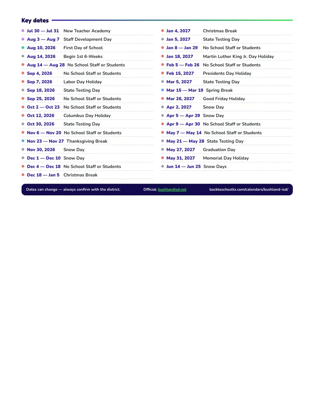 Bushland ISD Calendar for the Year 26-27 — key dates