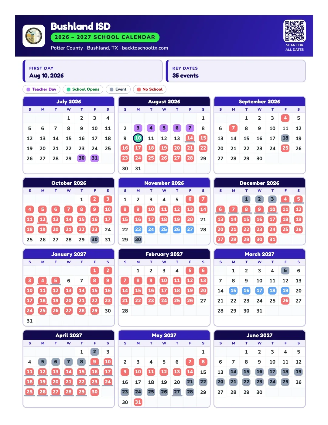 Bushland ISD Calendar for the Year 26-27
