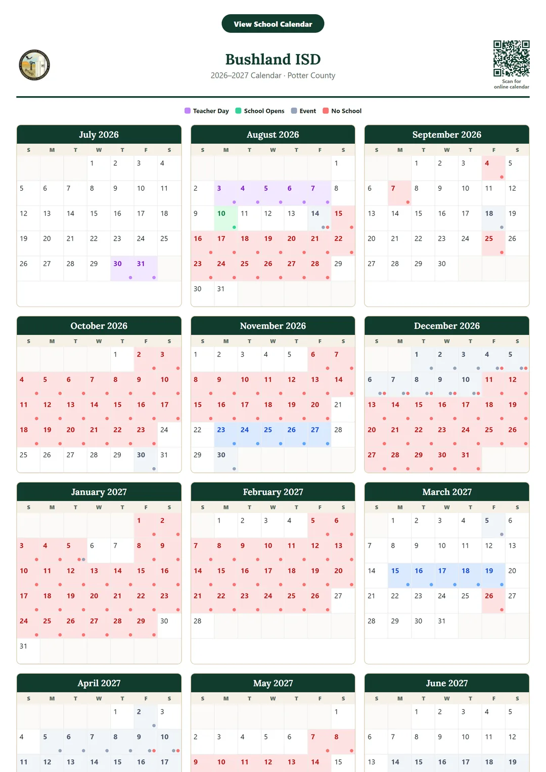 Bushland ISD printable 2026–2027 calendar