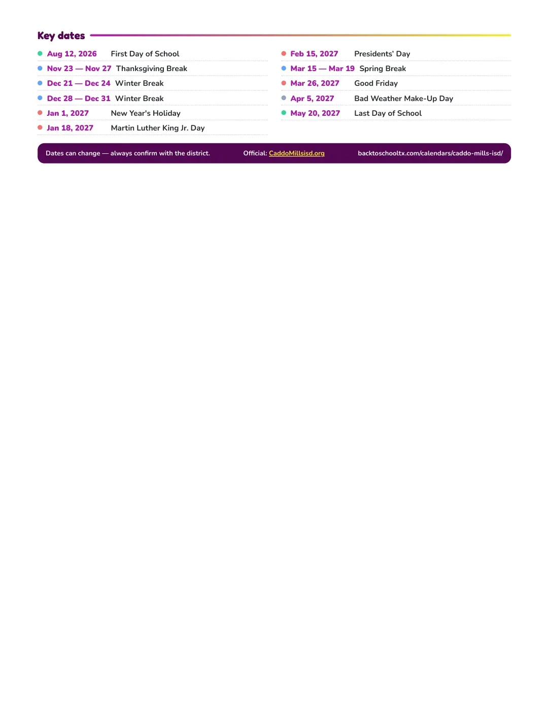 Caddo Mills ISD Calendar for the Year 26-27 — key dates