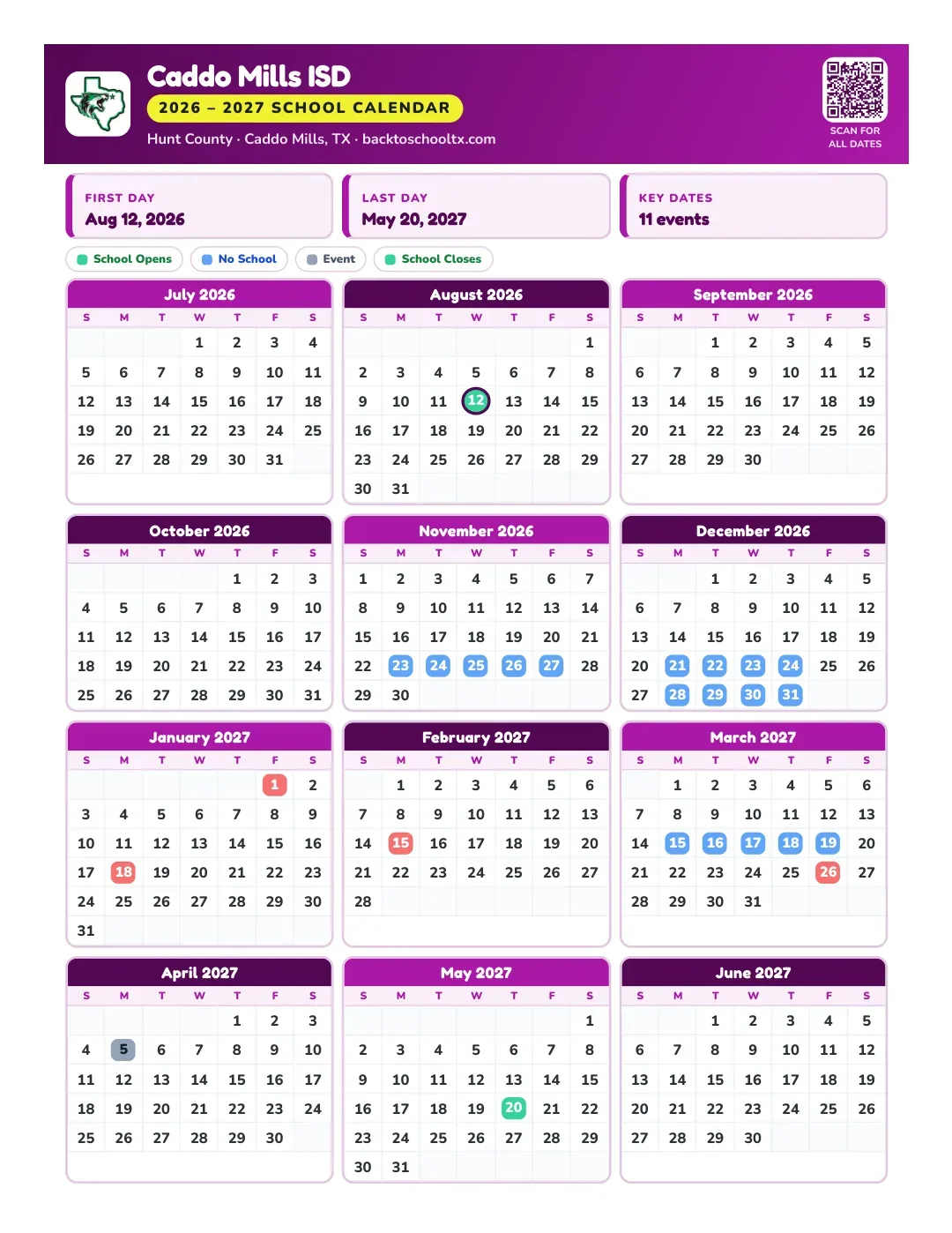 Caddo Mills ISD Calendar for the Year 26-27