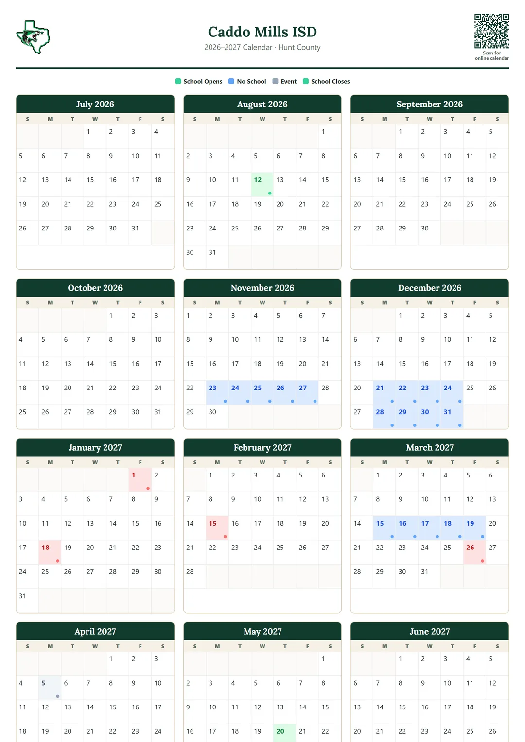 Caddo Mills ISD printable 2026–2027 calendar