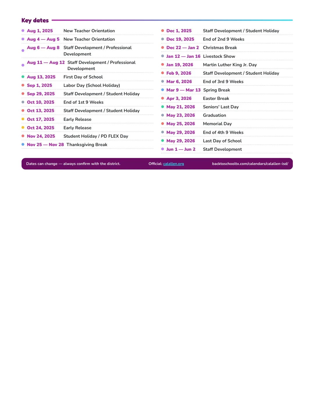 Calallen ISD Calendar for the Year 26-27 — key dates