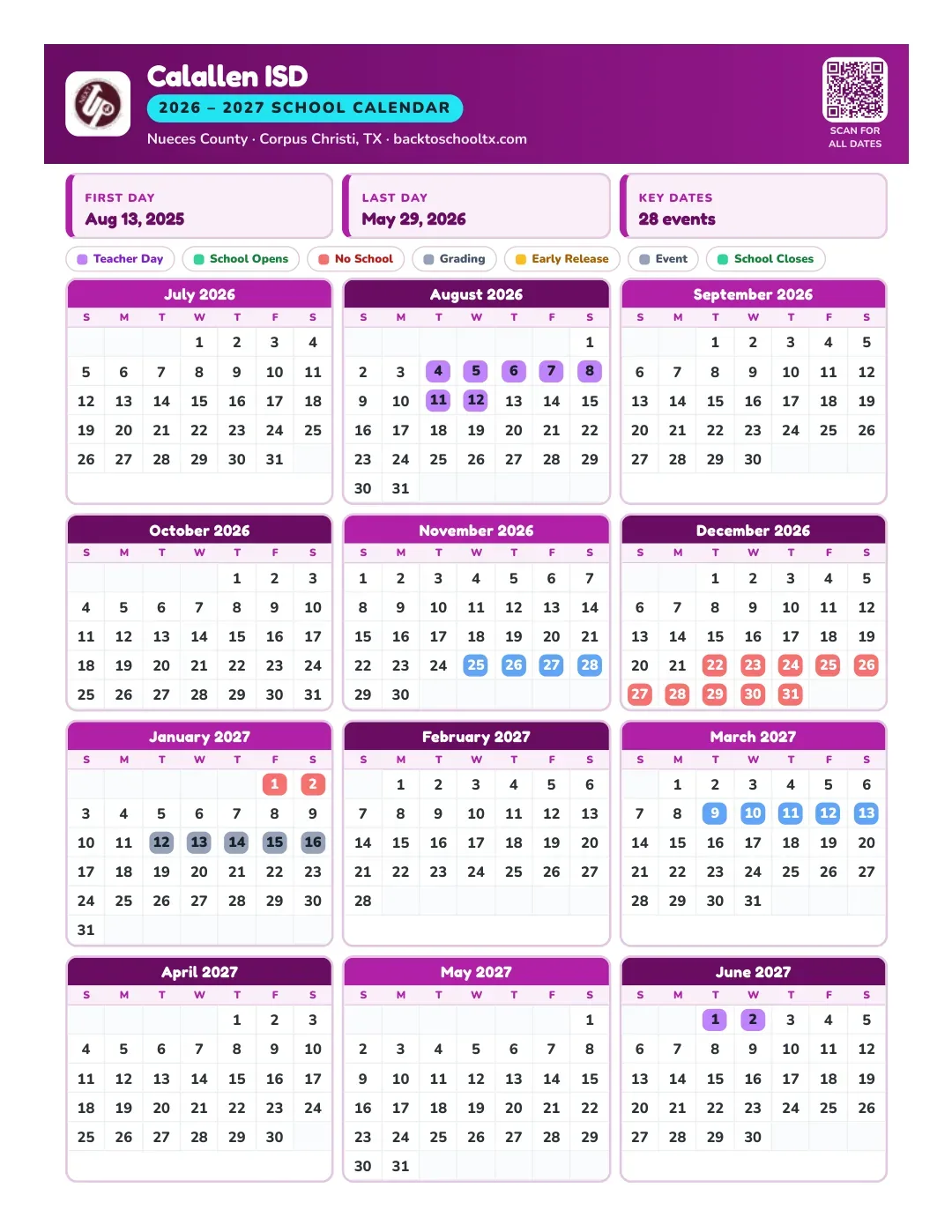 Calallen ISD Calendar for the Year 26-27