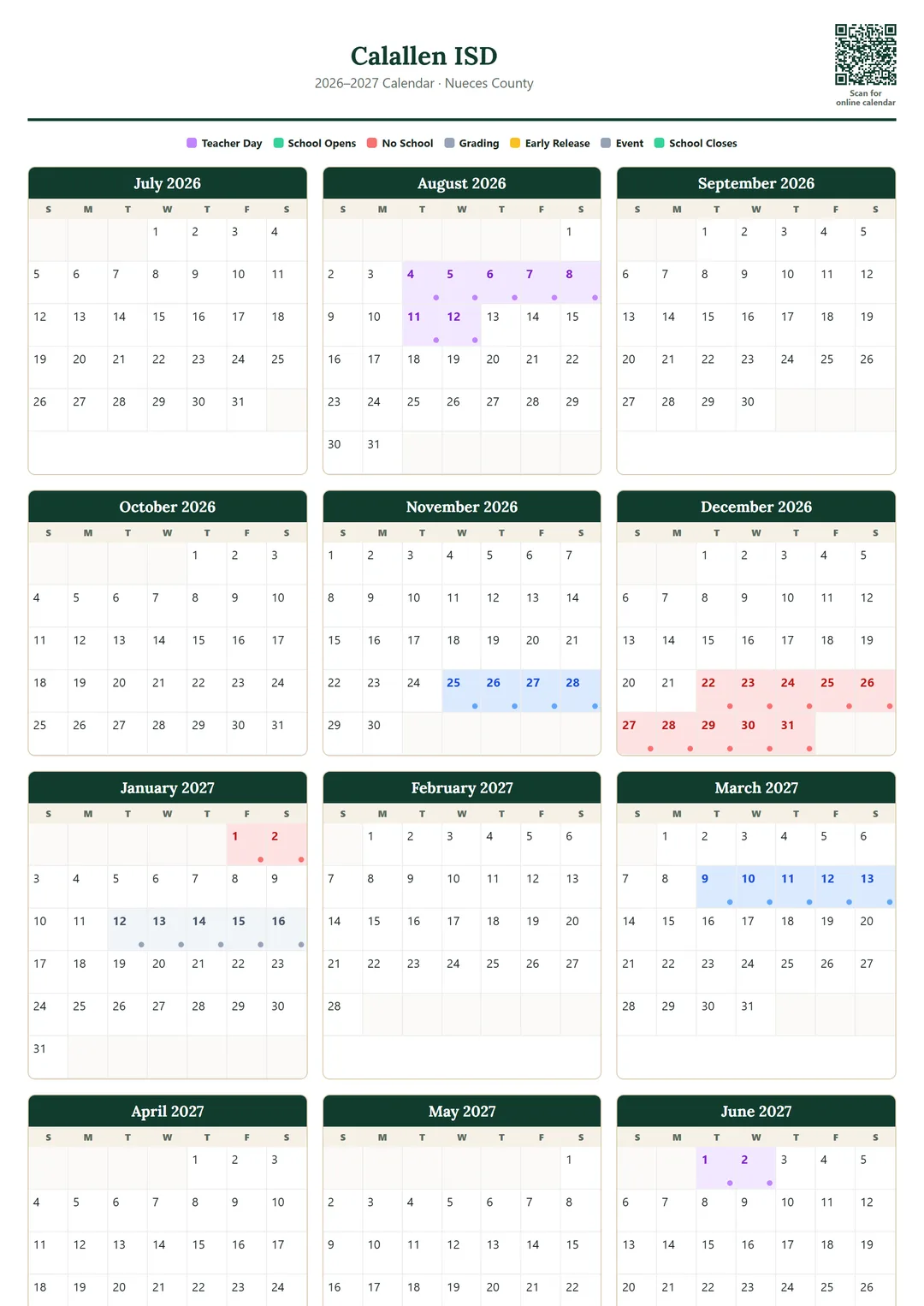 Calallen ISD printable 2026–2027 calendar