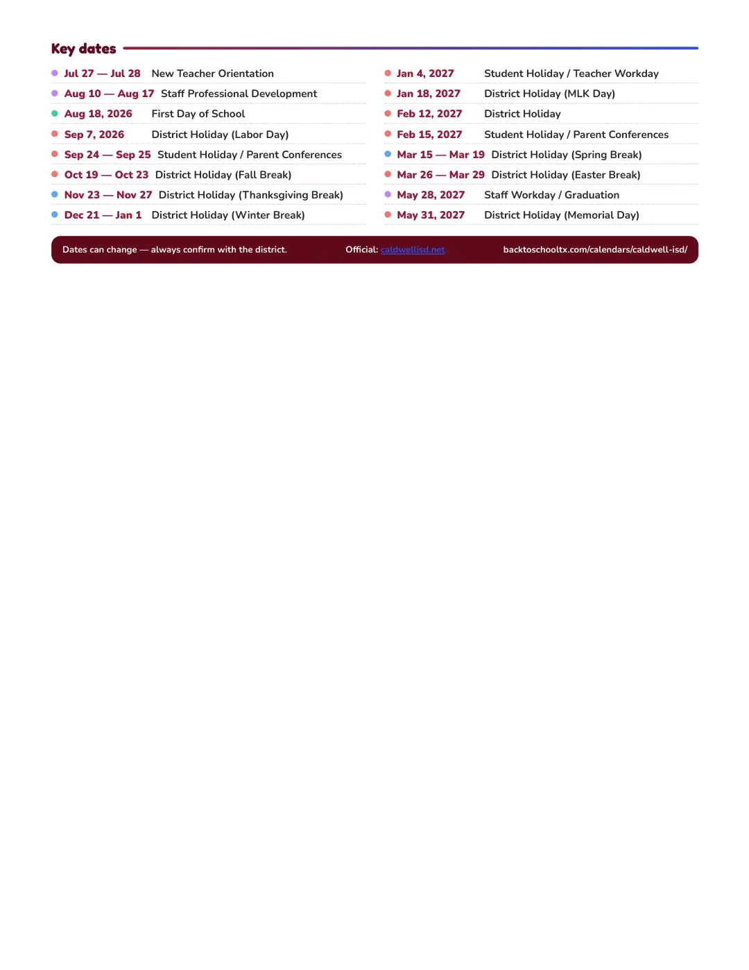 Caldwell ISD Calendar for the Year 26-27 — key dates