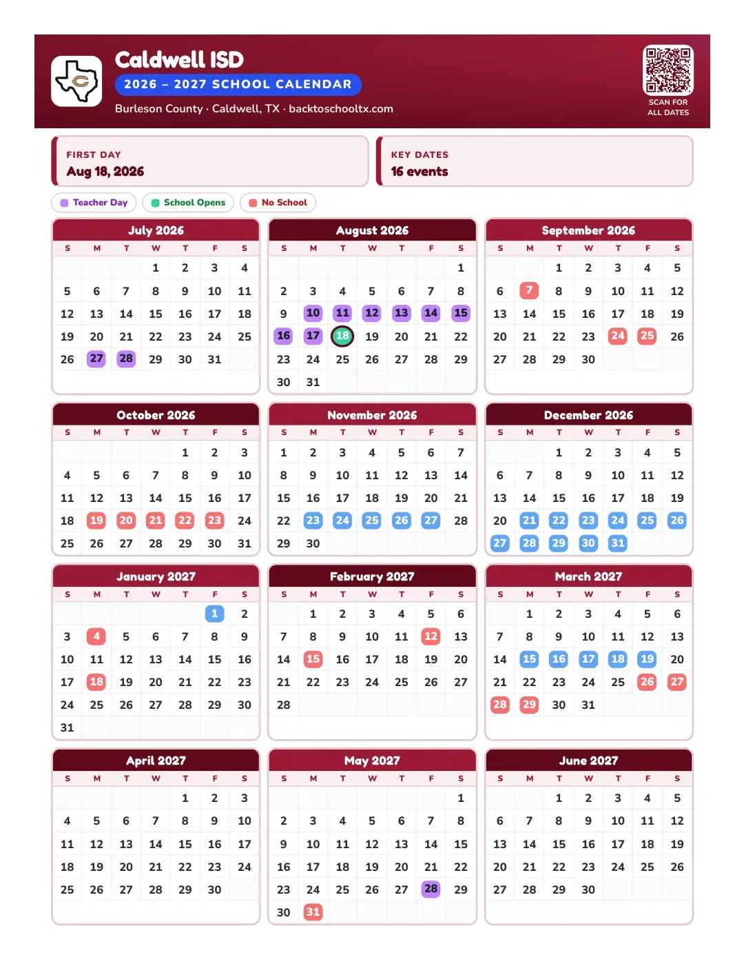 Caldwell ISD Calendar for the Year 26-27