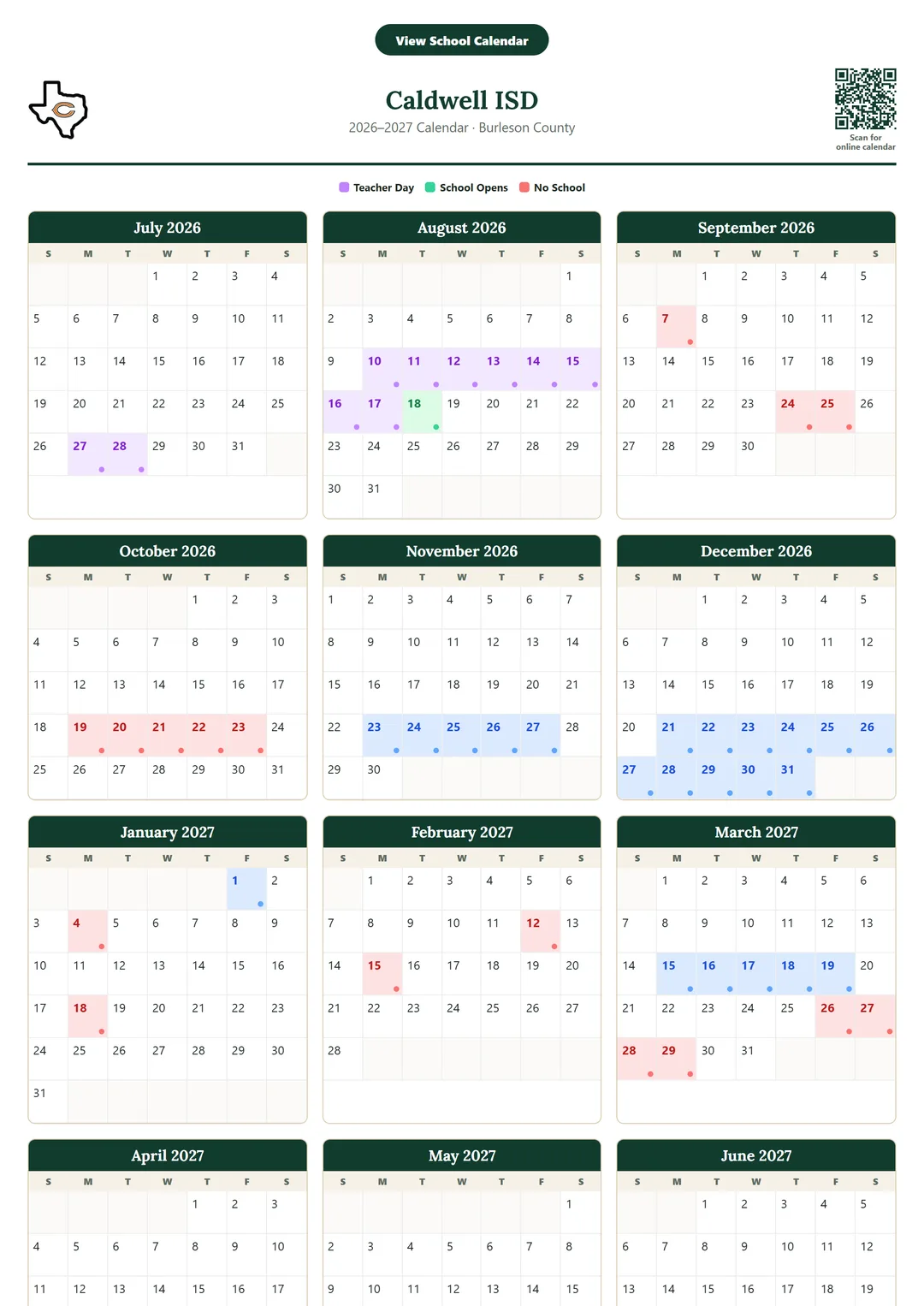 Caldwell ISD printable 2026–2027 calendar