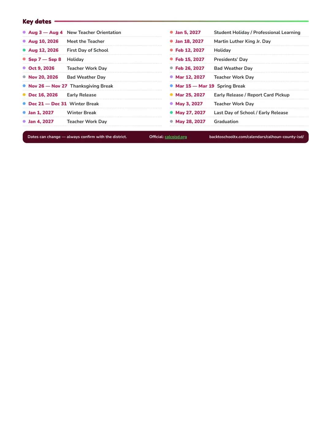 Calhoun County ISD Calendar for the Year 26-27 — key dates