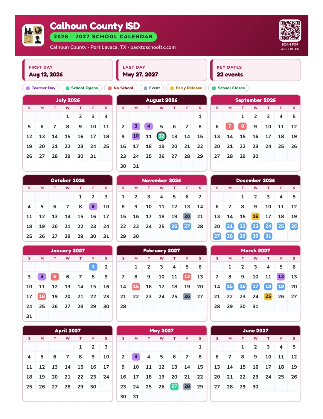 Calhoun County ISD Calendar for the Year 26-27