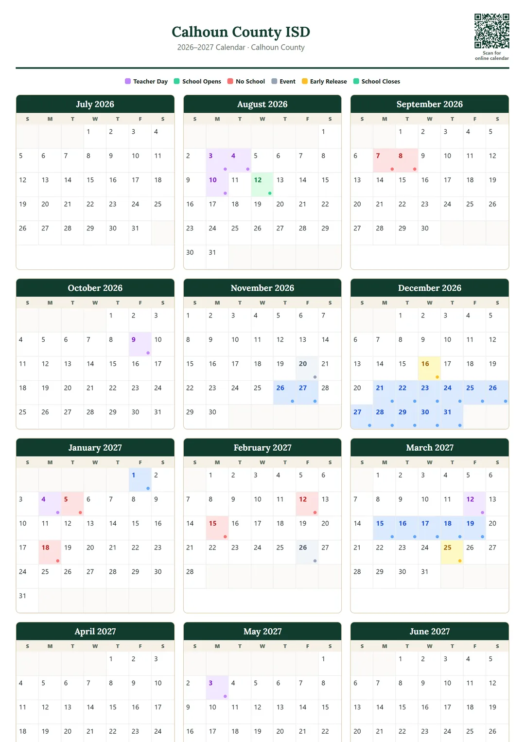 Calhoun County ISD printable 2026–2027 calendar