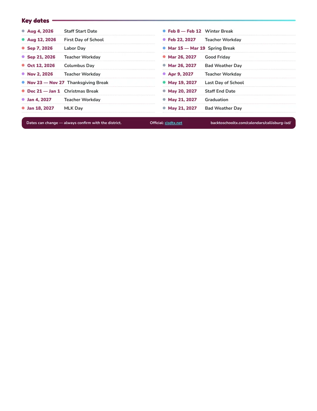 Callisburg ISD Calendar for the Year 26-27 — key dates