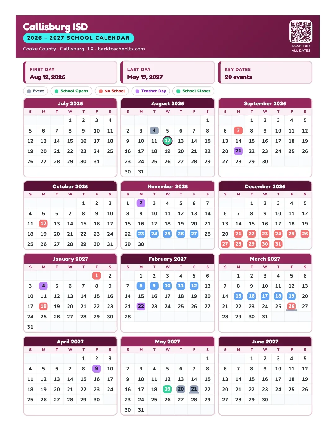 Callisburg ISD Calendar for the Year 26-27
