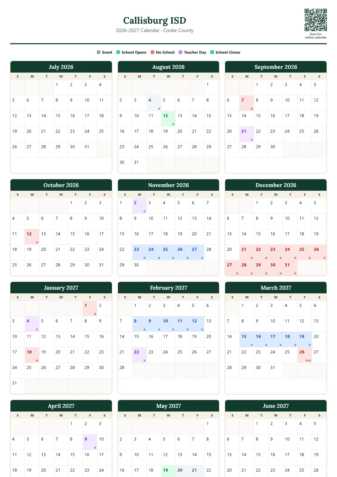 Callisburg ISD printable 2026–2027 calendar