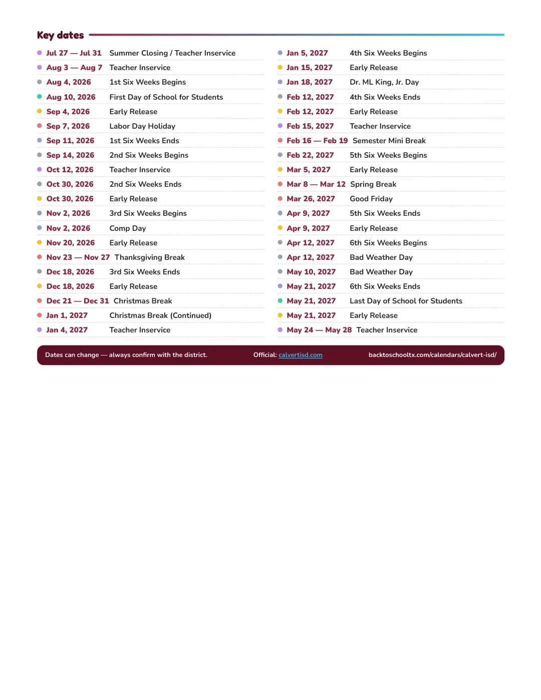 Calvert ISD Calendar for the Year 26-27 — key dates