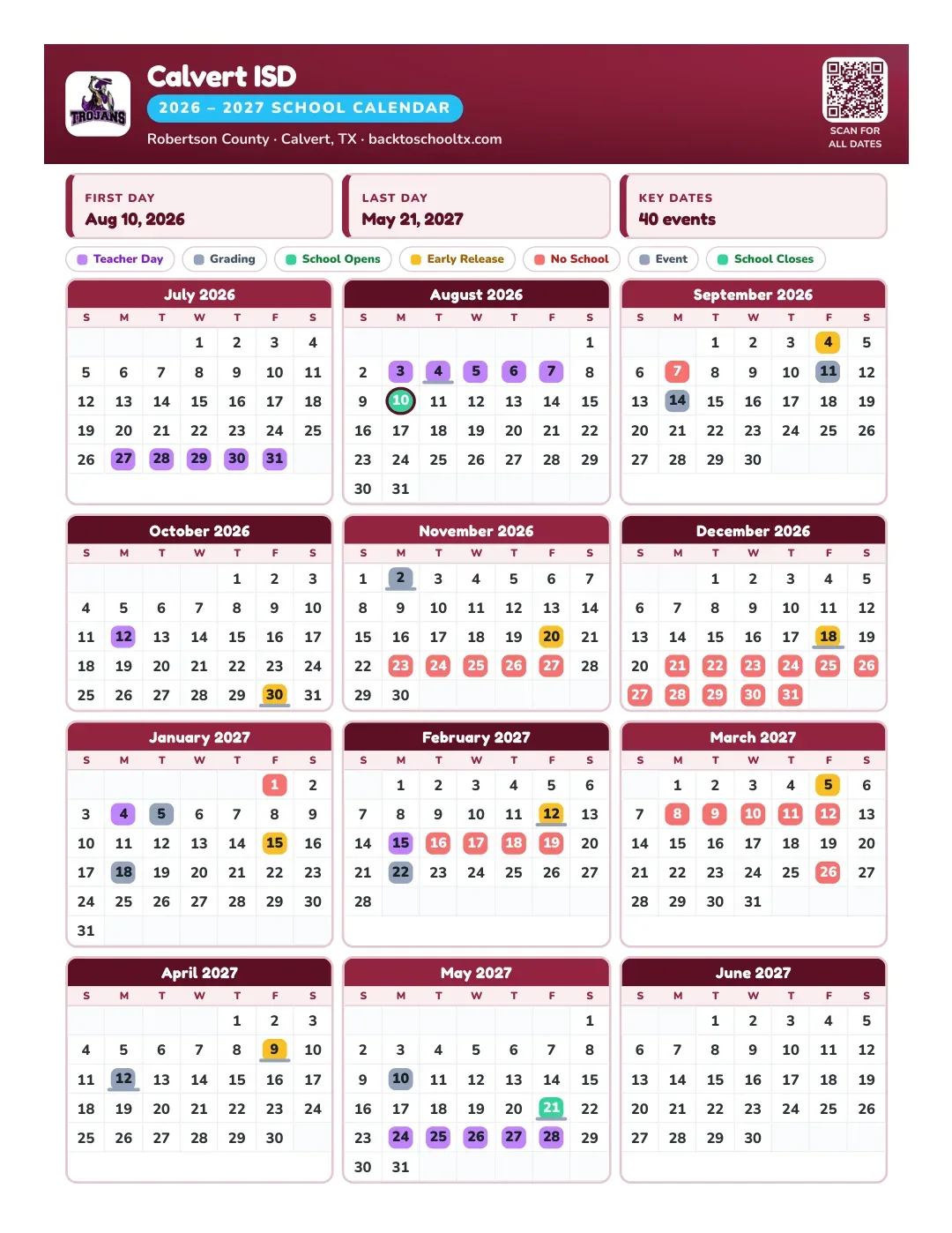 Calvert ISD Calendar for the Year 26-27