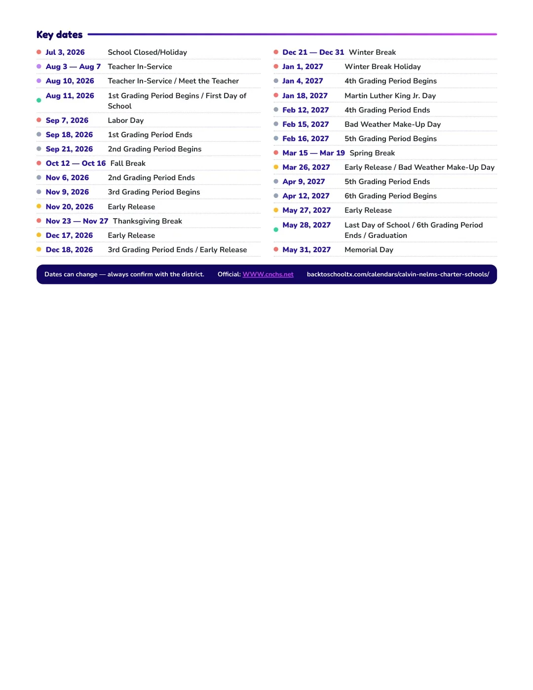 Calvin Nelms Charter Schools Calendar for the Year 26-27 — key dates