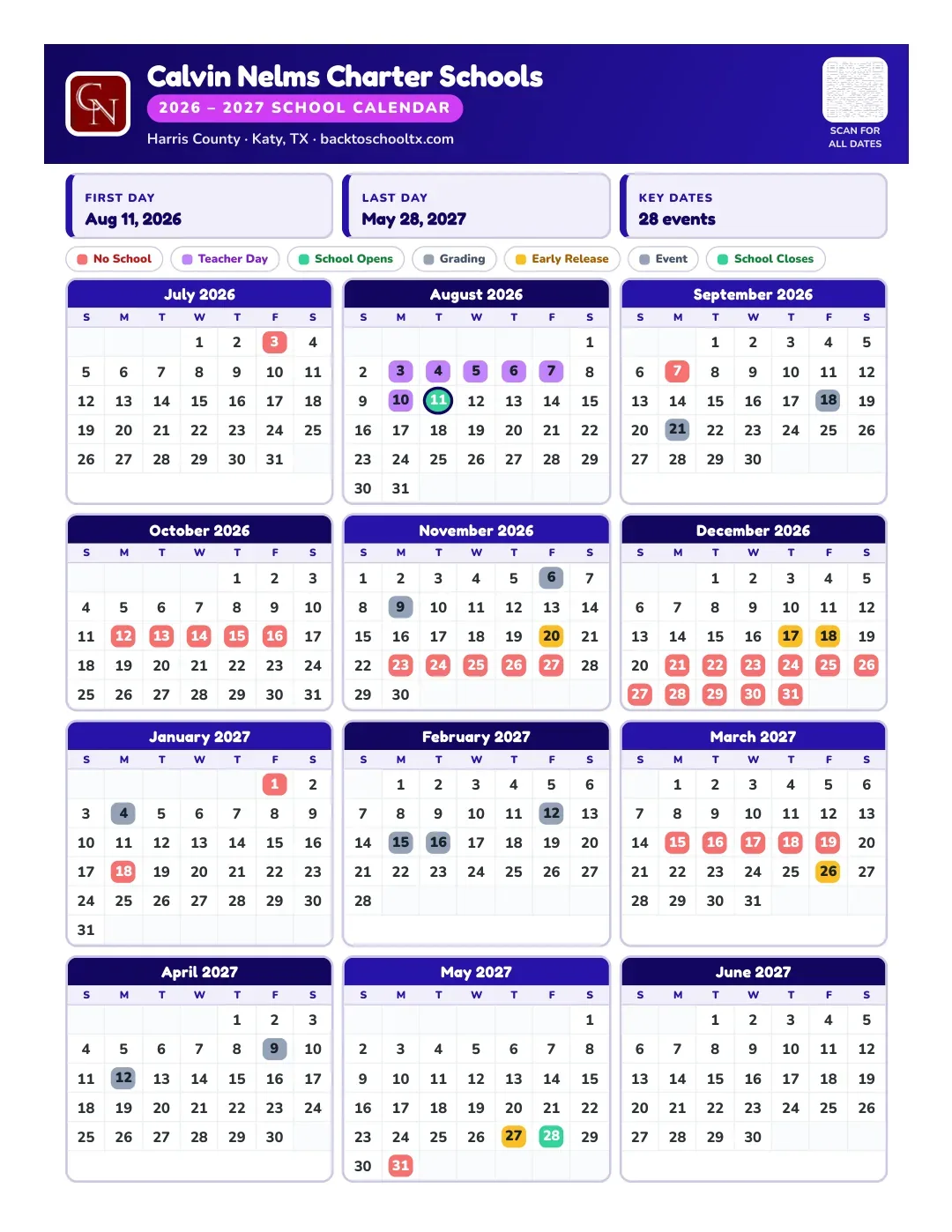 Calvin Nelms Charter Schools Calendar for the Year 26-27
