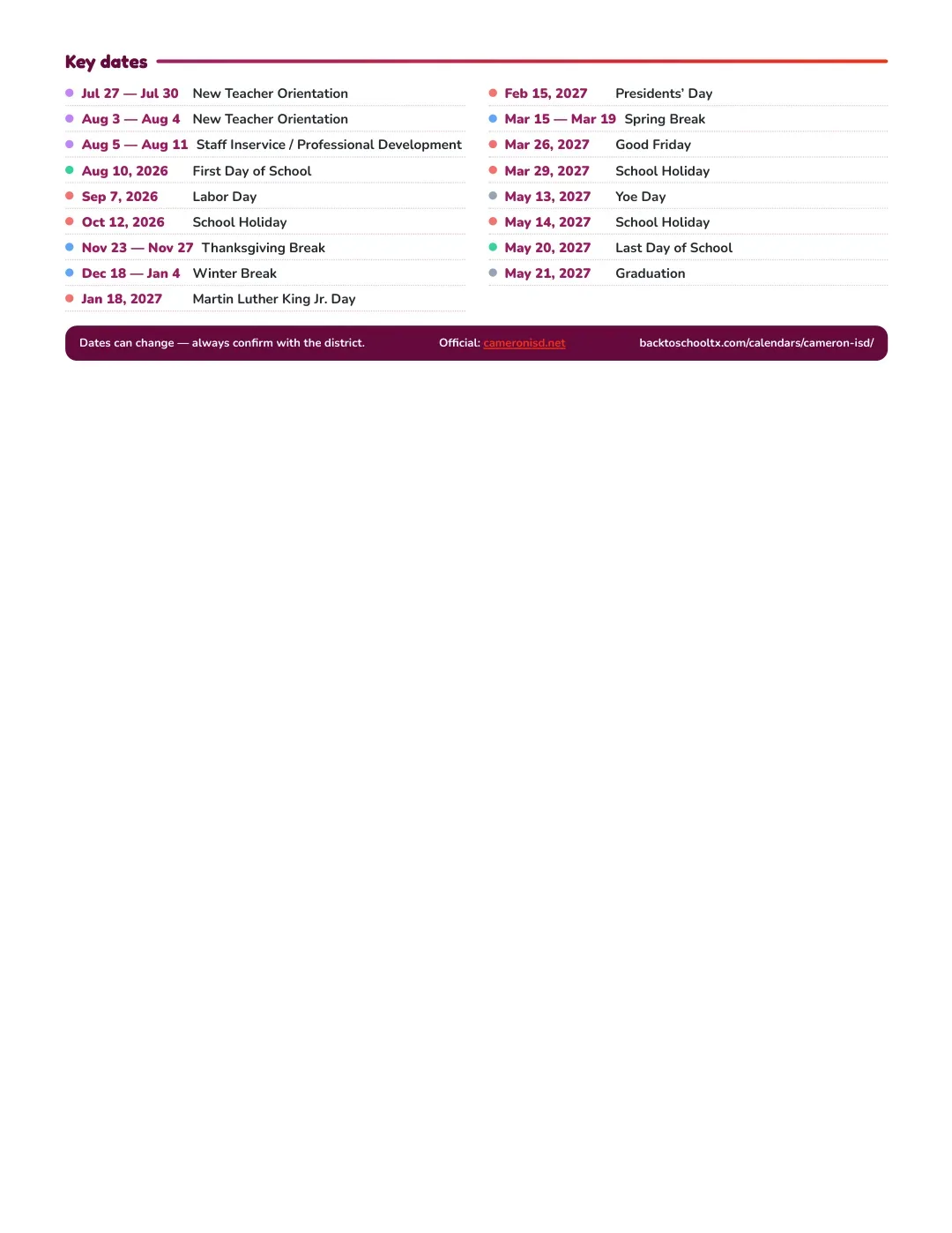 Cameron ISD Calendar for the Year 26-27 — key dates