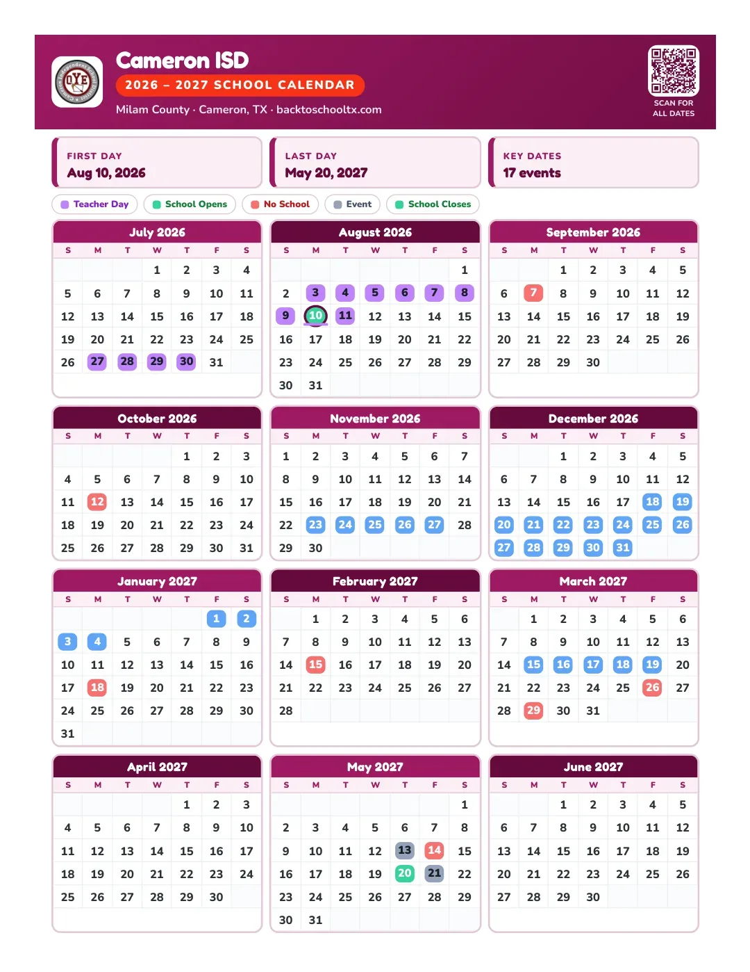 Cameron ISD Calendar for the Year 26-27