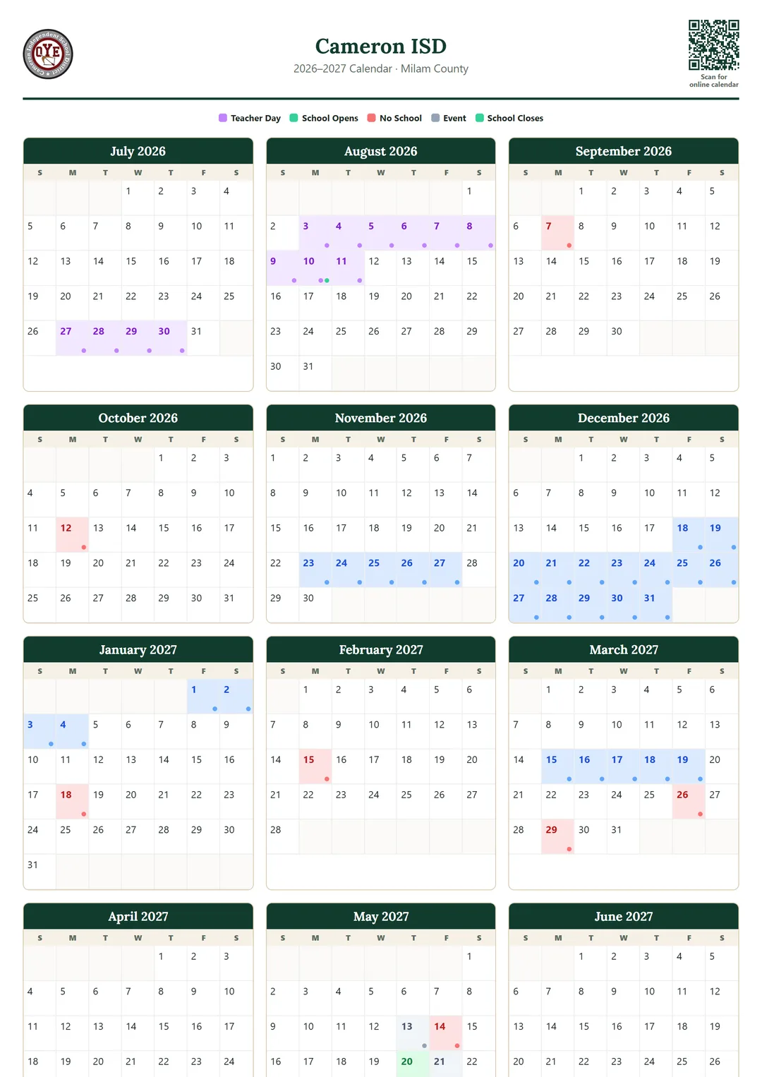 Cameron ISD printable 2026–2027 calendar