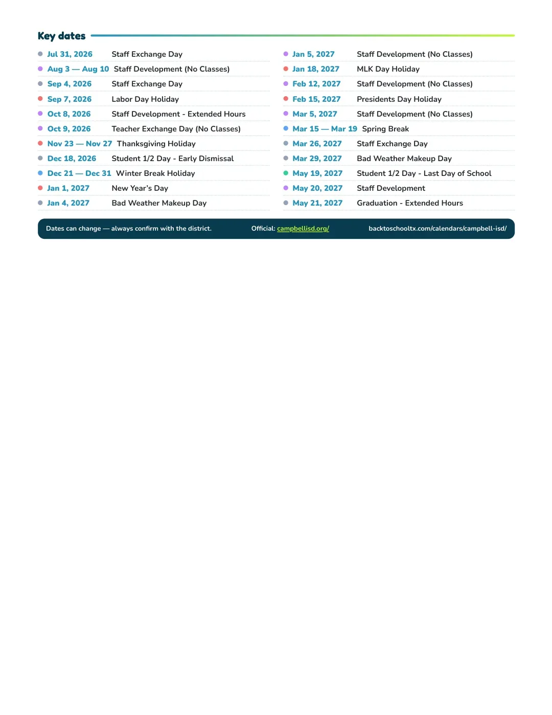 Campbell ISD Calendar for the Year 26-27 — key dates