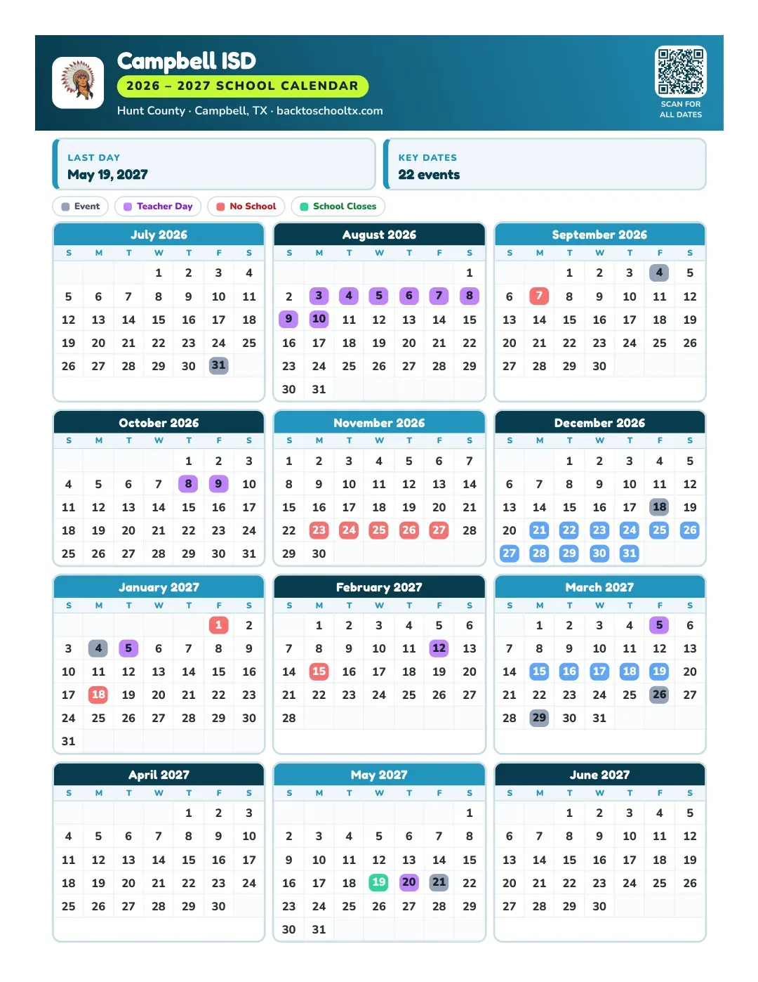 Campbell ISD Calendar for the Year 26-27