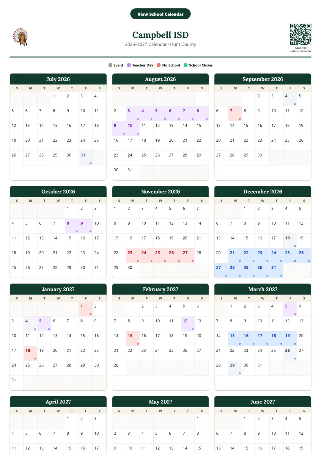 Campbell ISD printable 2026–2027 calendar