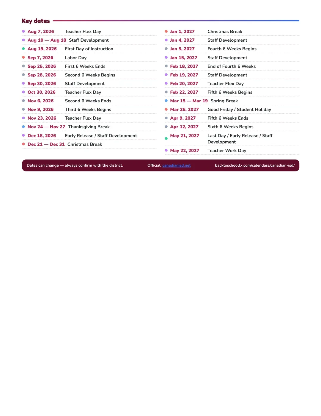 Canadian ISD Calendar for the Year 26-27 — key dates