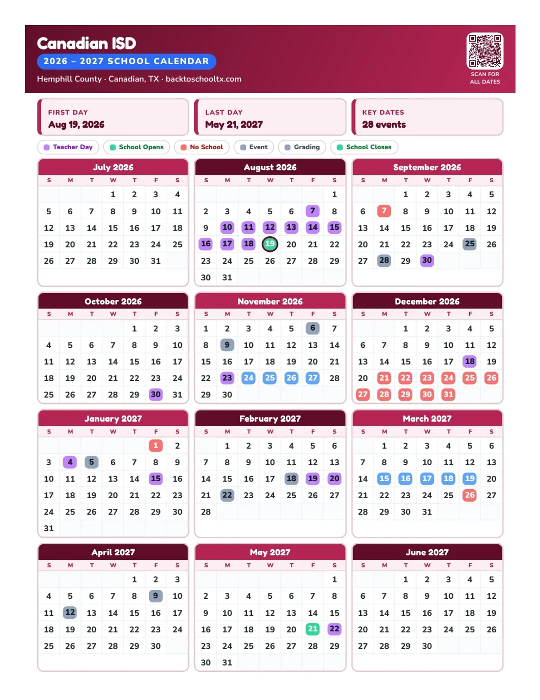 Canadian ISD Calendar for the Year 26-27