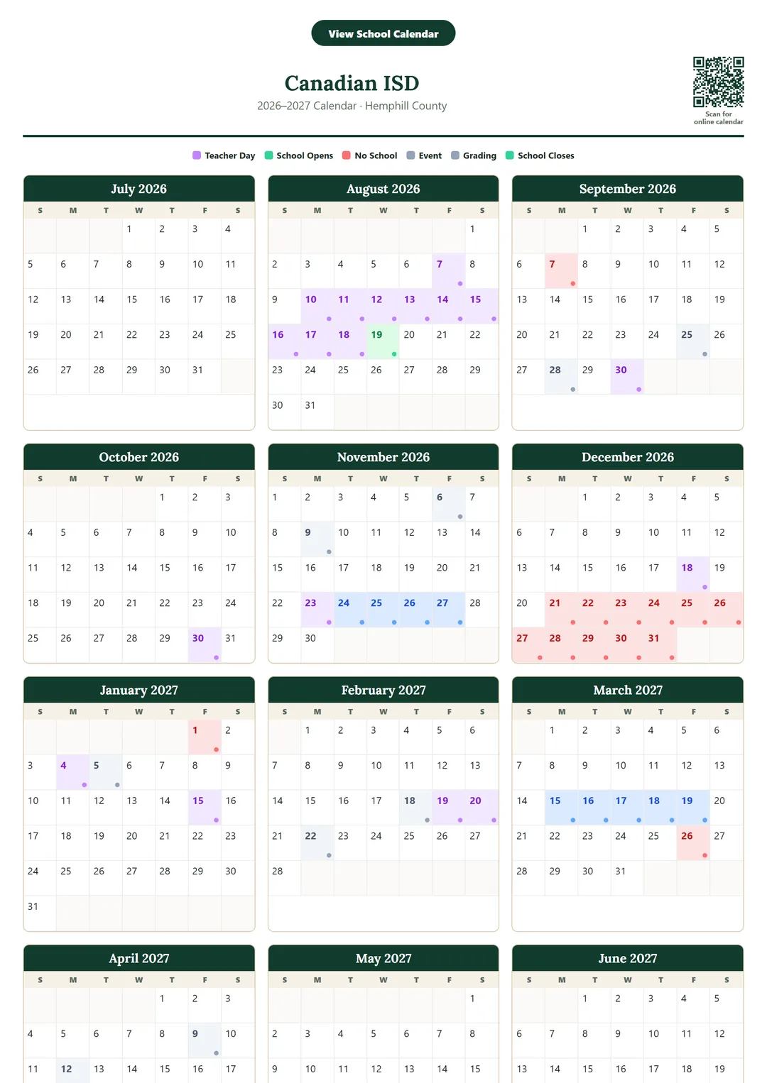Canadian ISD printable 2026–2027 calendar