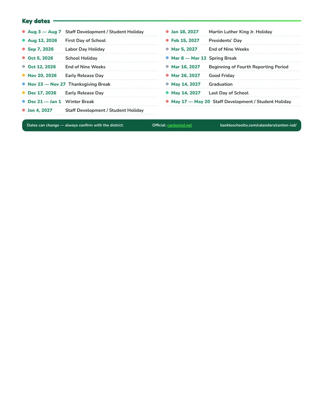 Canton ISD Calendar for the Year 26-27 — key dates
