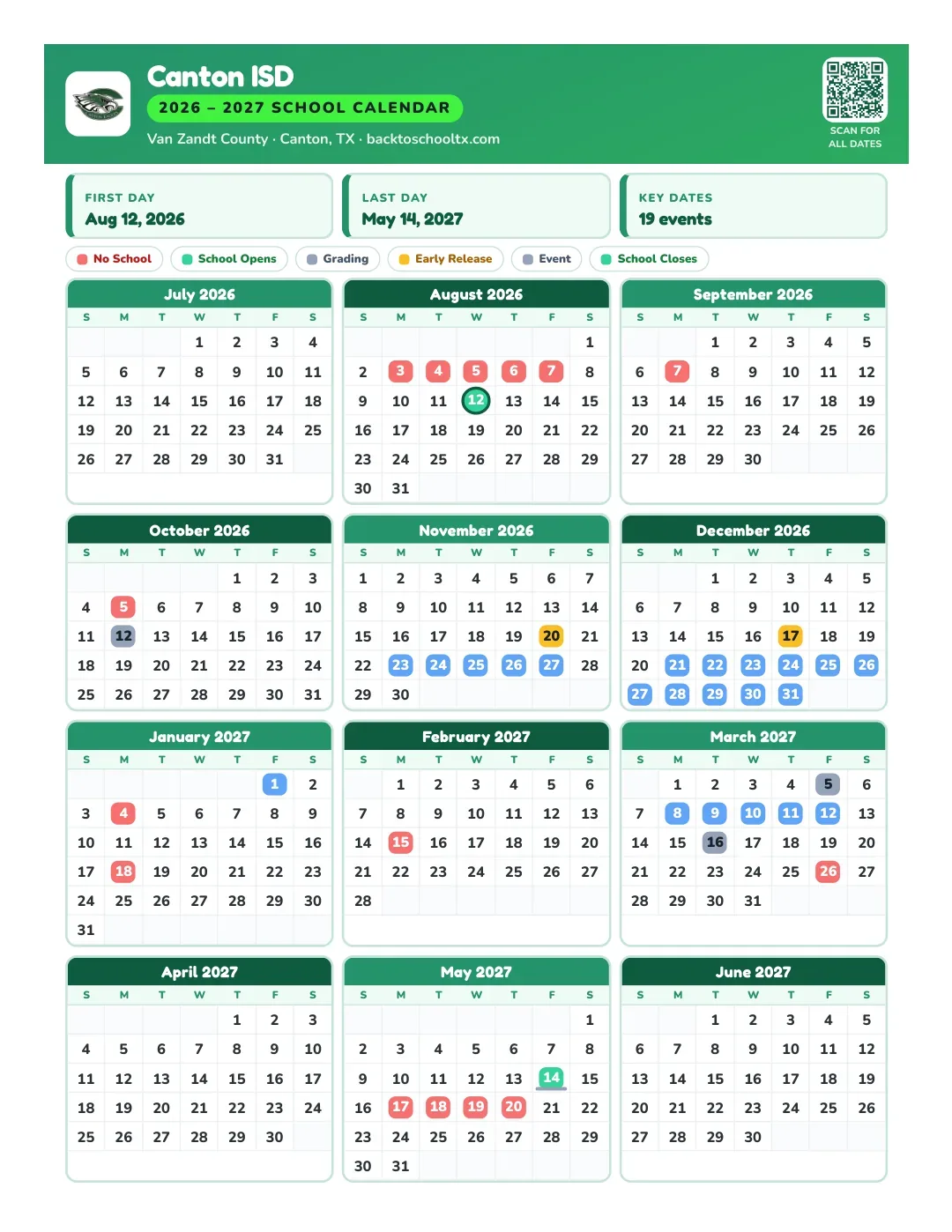 Canton ISD Calendar for the Year 26-27