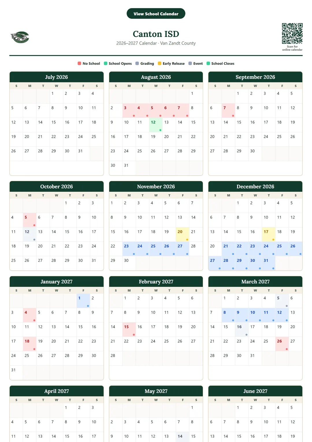 Canton ISD printable 2026–2027 calendar