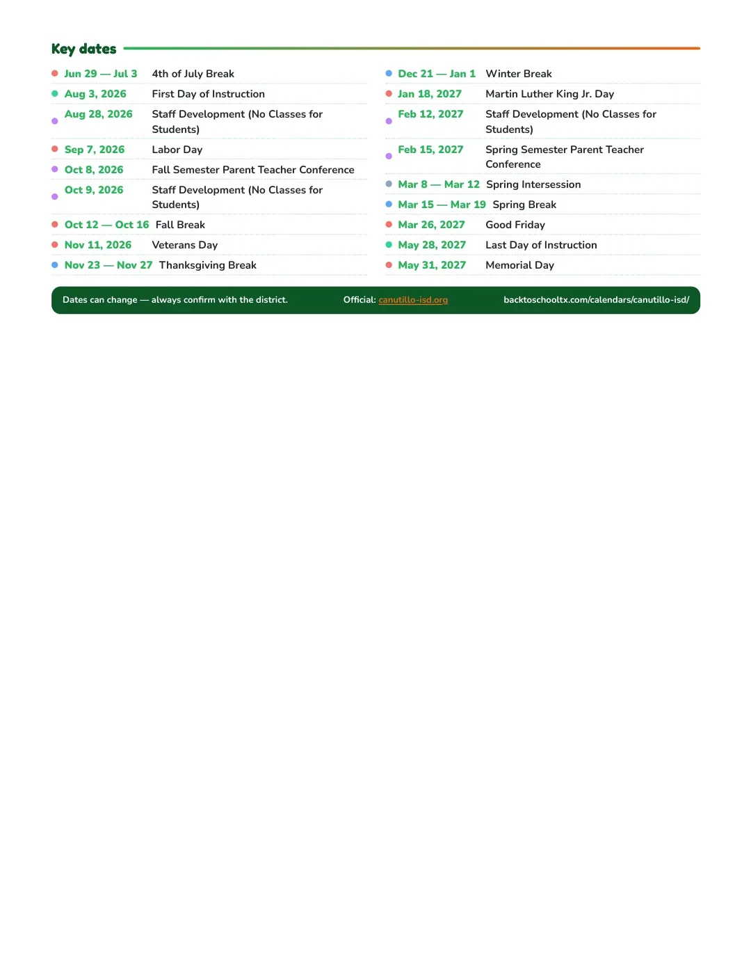 Canutillo ISD Calendar for the Year 26-27 — key dates