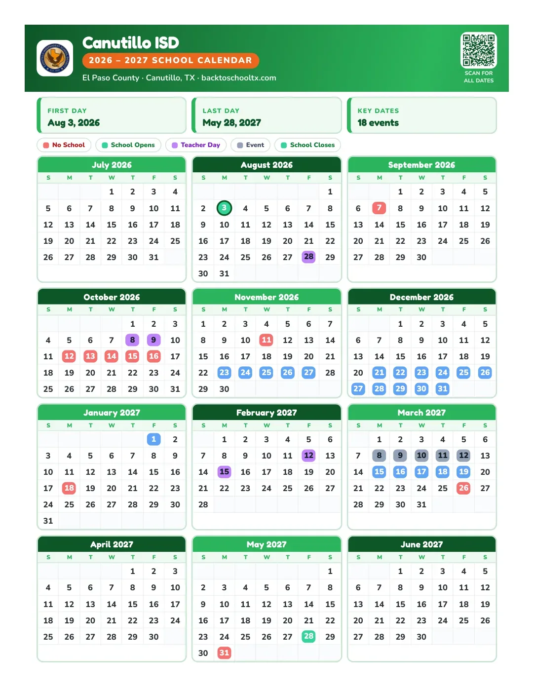 Canutillo ISD Calendar for the Year 26-27