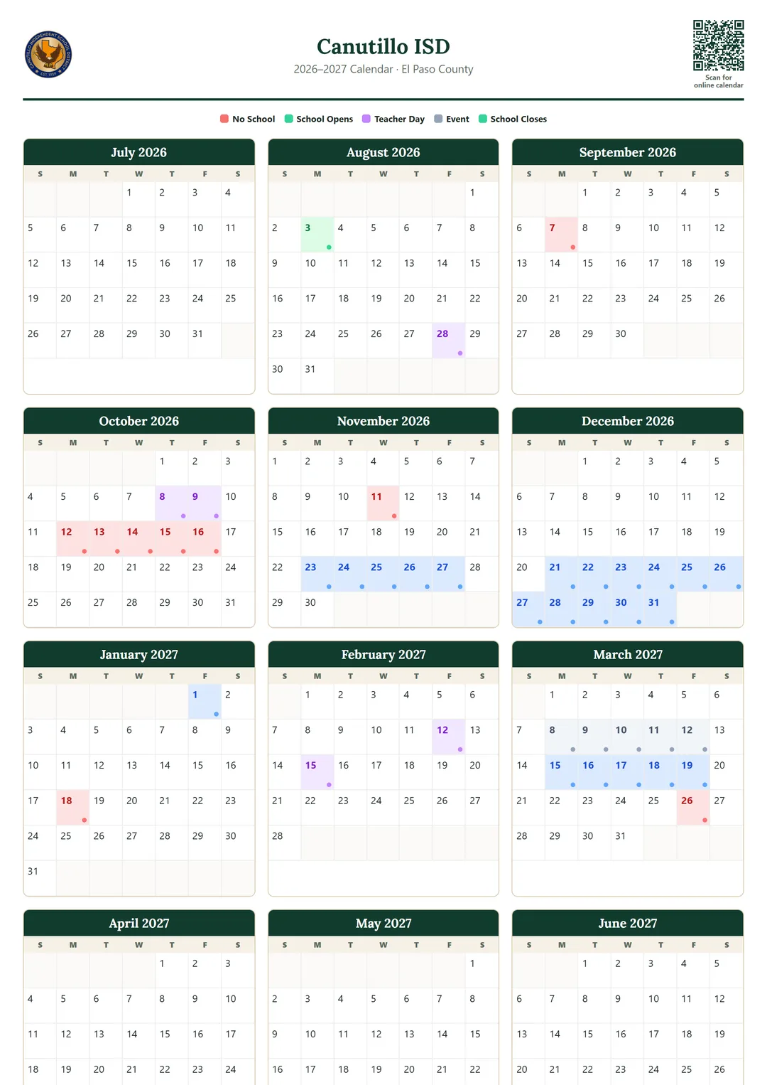Canutillo ISD printable 2026–2027 calendar