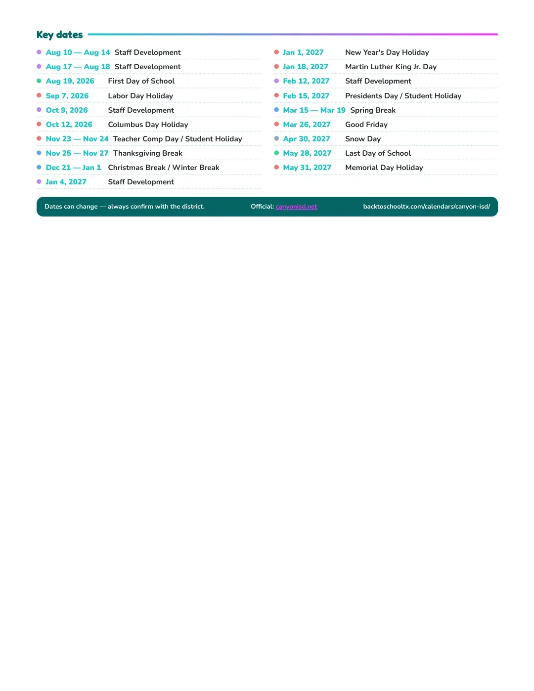 Canyon ISD Calendar for the Year 26-27 — key dates