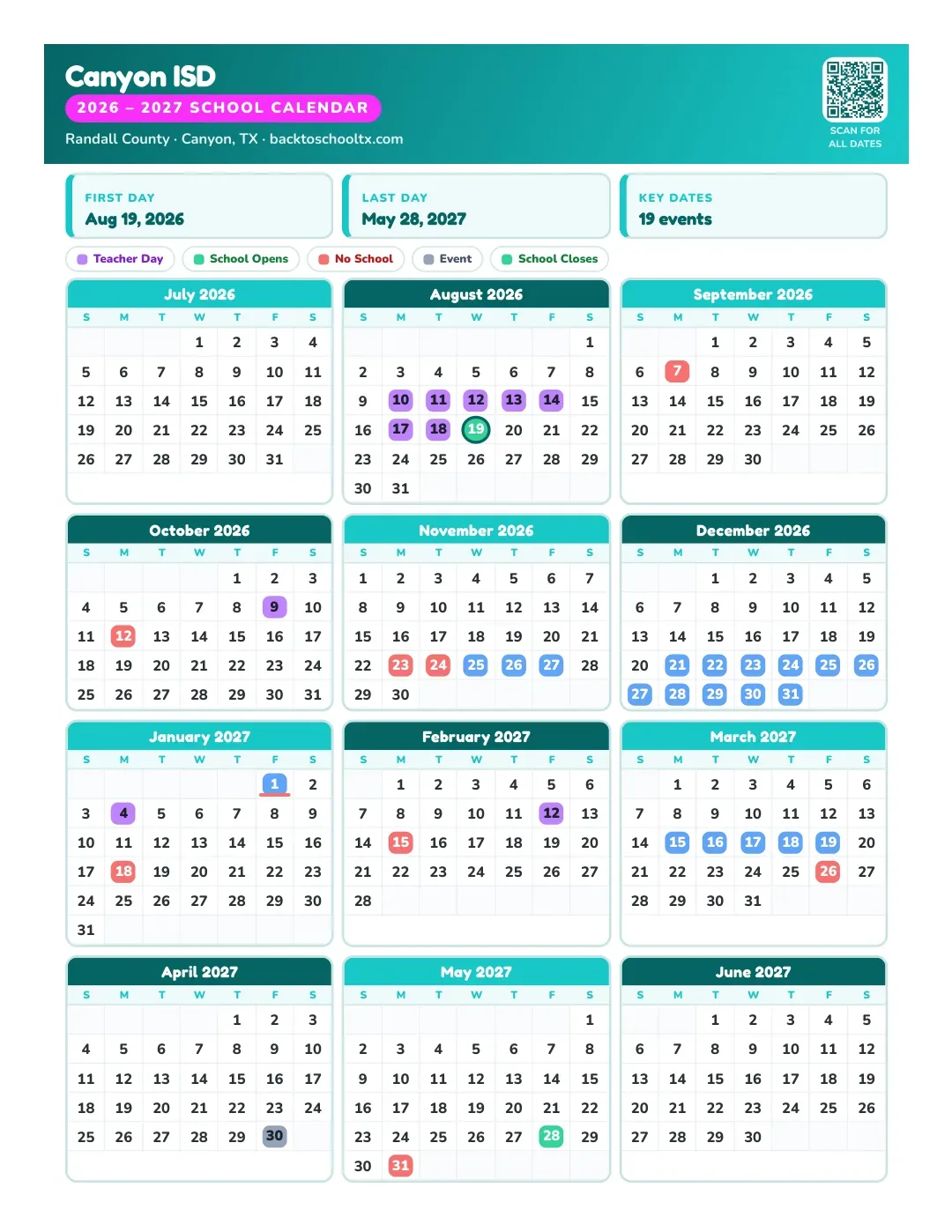 Canyon ISD Calendar for the Year 26-27