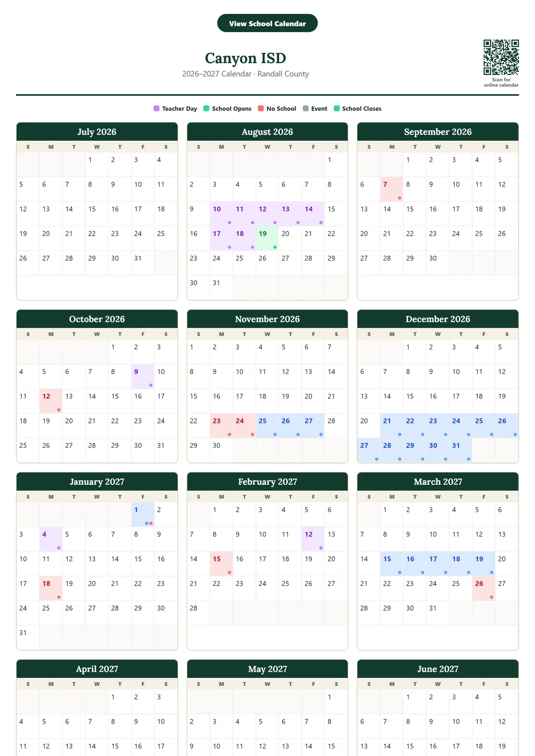 Canyon ISD printable 2026–2027 calendar