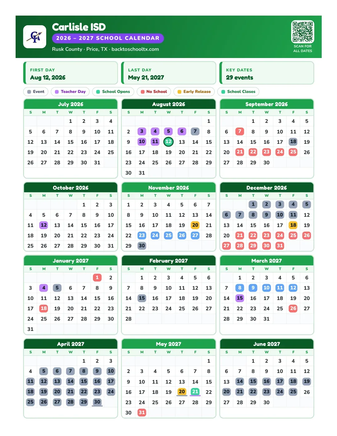 Carlisle ISD Calendar for the Year 26-27