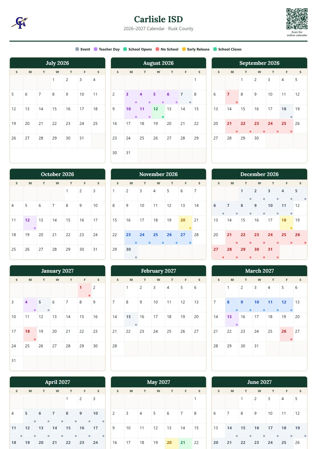 Carlisle ISD printable 2026–2027 calendar