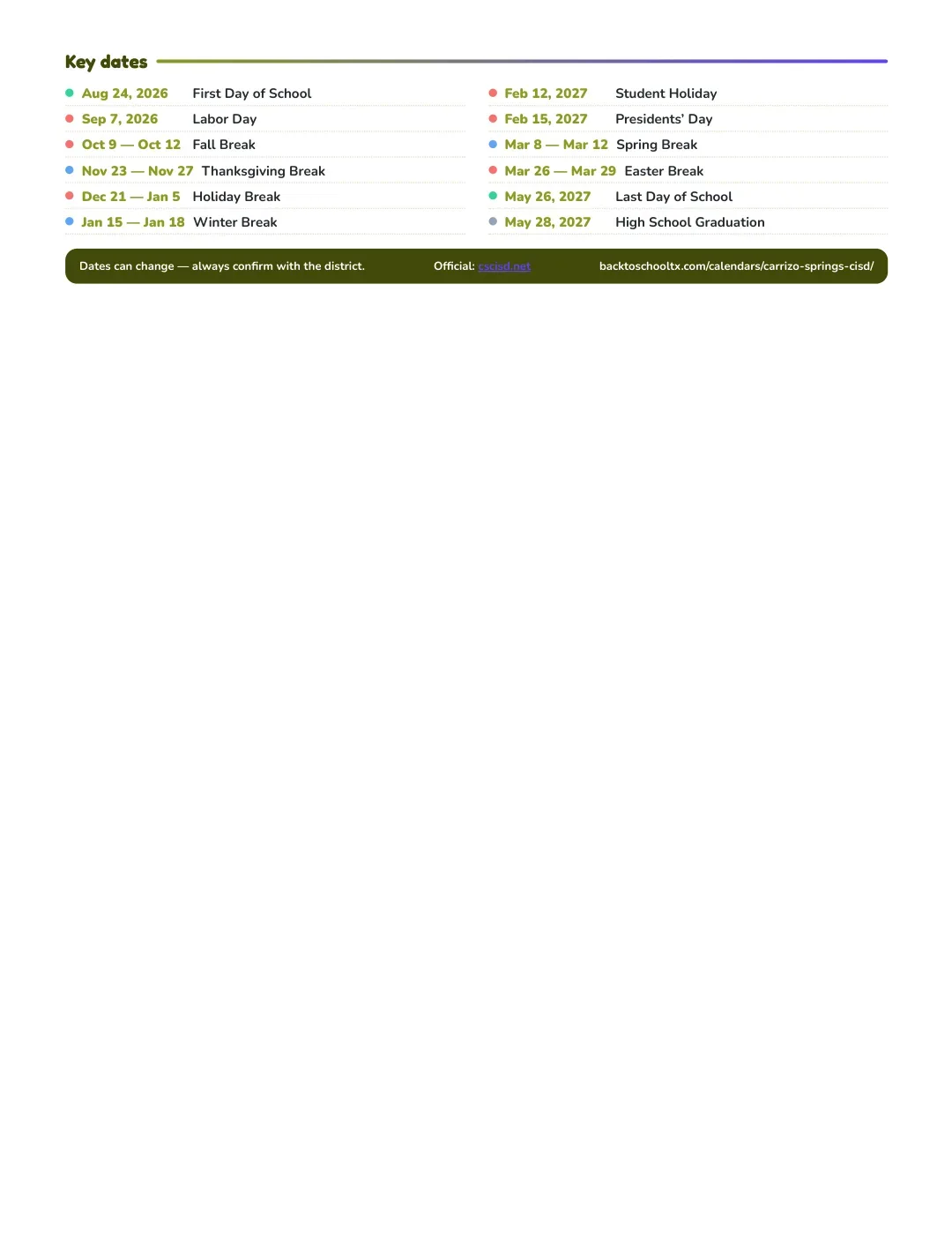 Carrizo Springs CISD Calendar for the Year 26-27 — key dates