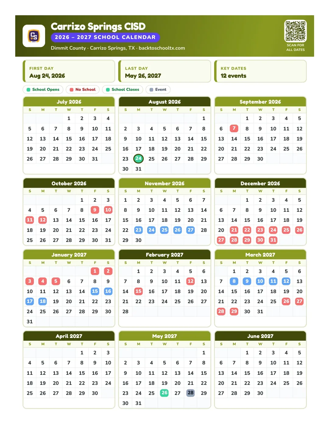 Carrizo Springs CISD Calendar for the Year 26-27