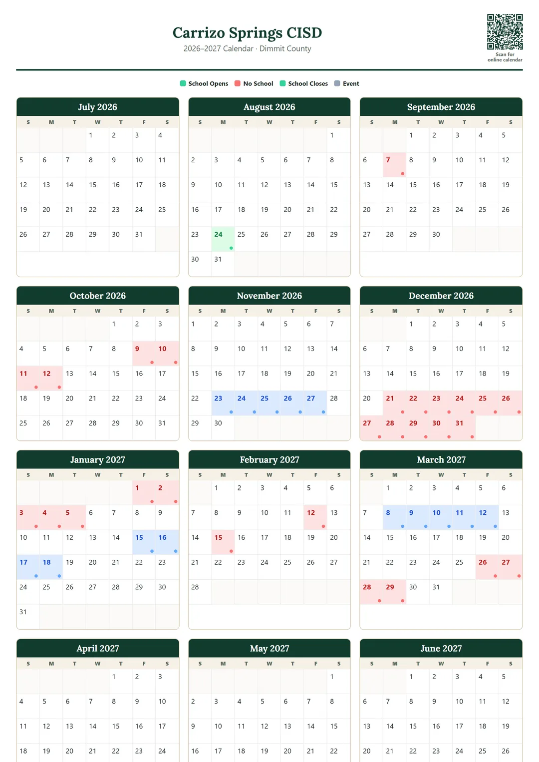 Carrizo Springs CISD printable 2026–2027 calendar