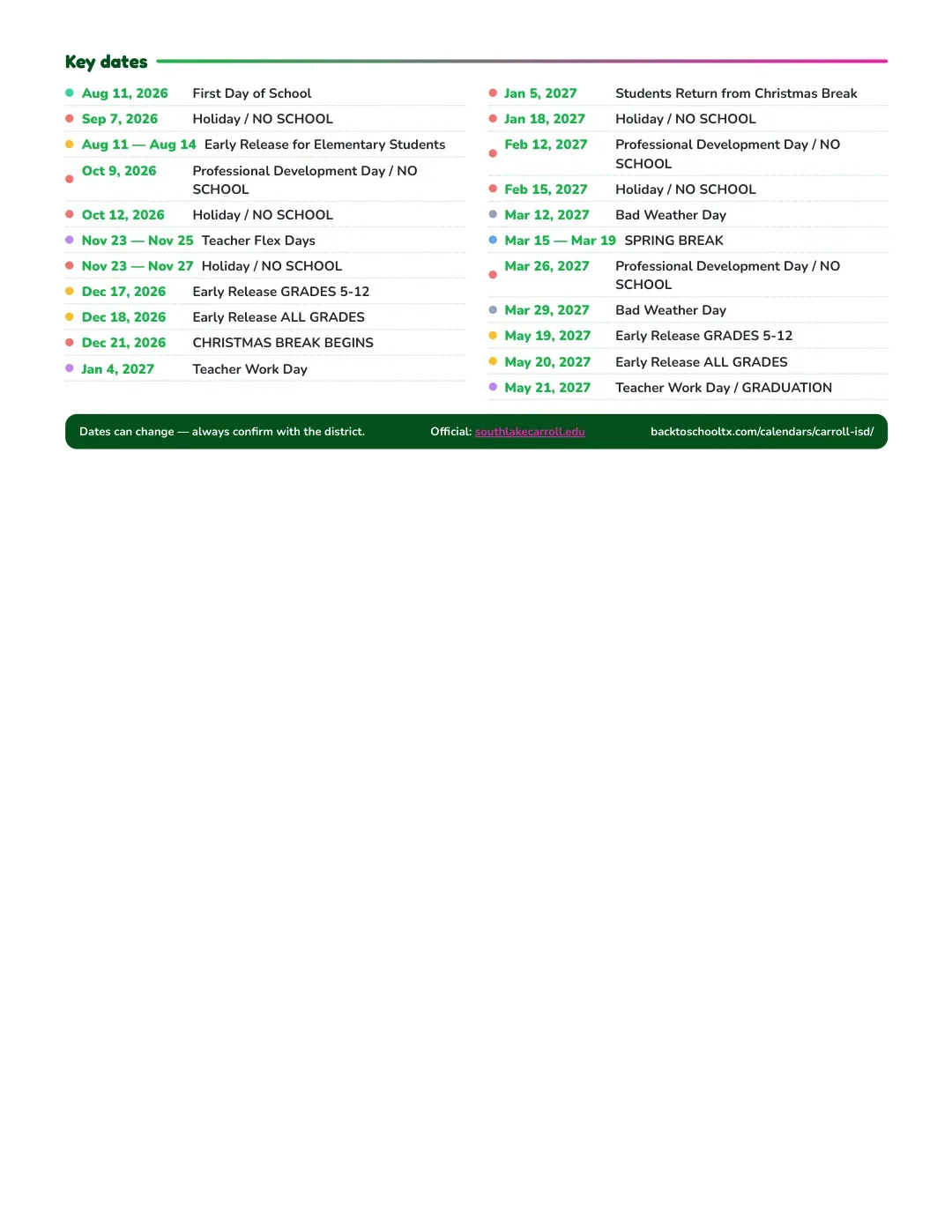 Carroll ISD Calendar for the Year 26-27 — key dates