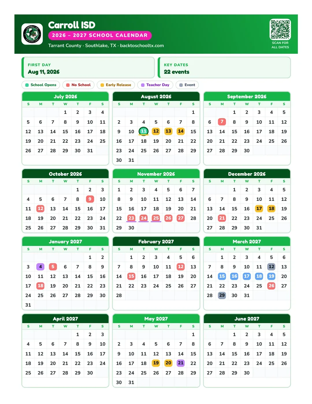 Carroll ISD Calendar for the Year 26-27