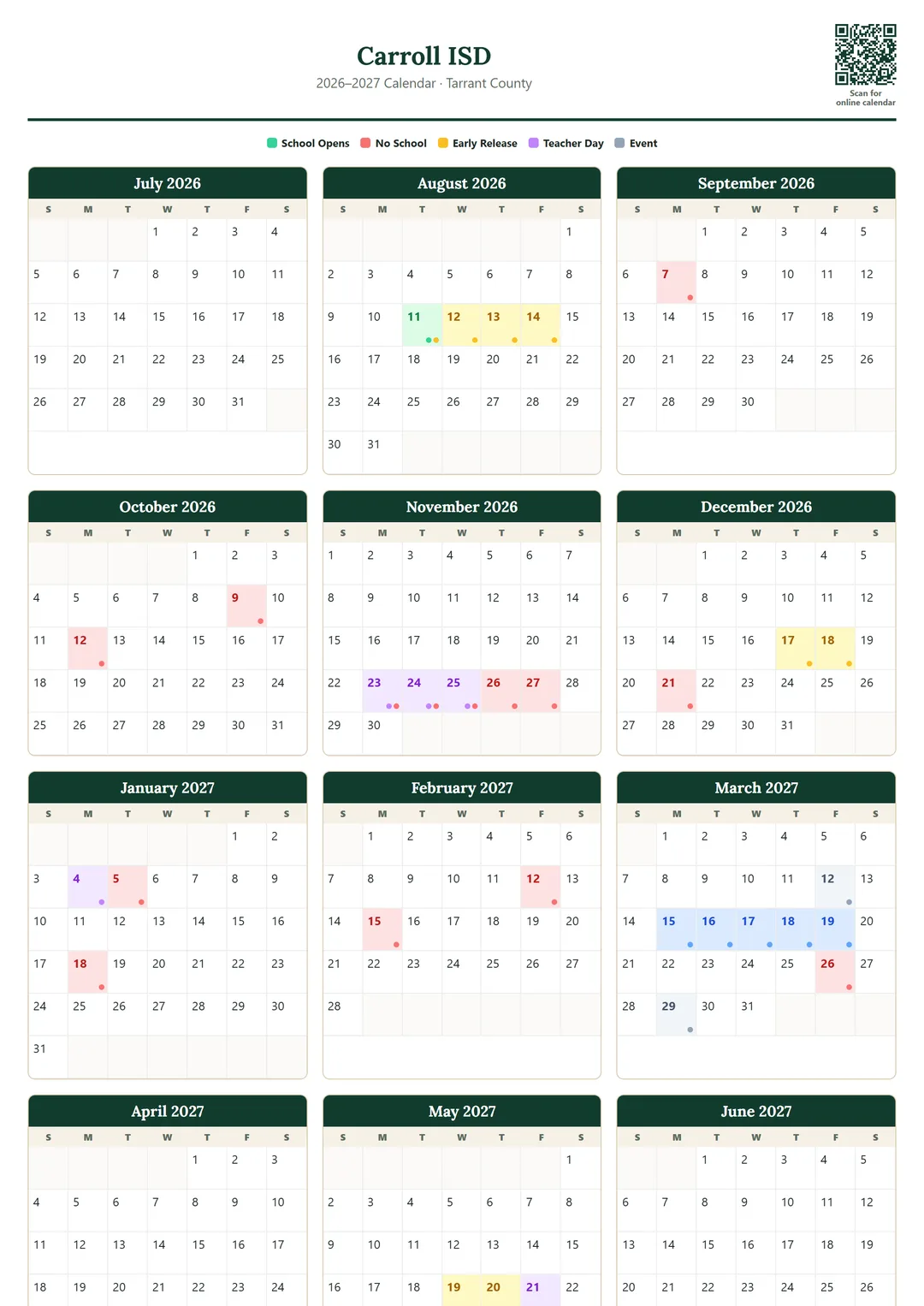 Carroll ISD printable 2026–2027 calendar