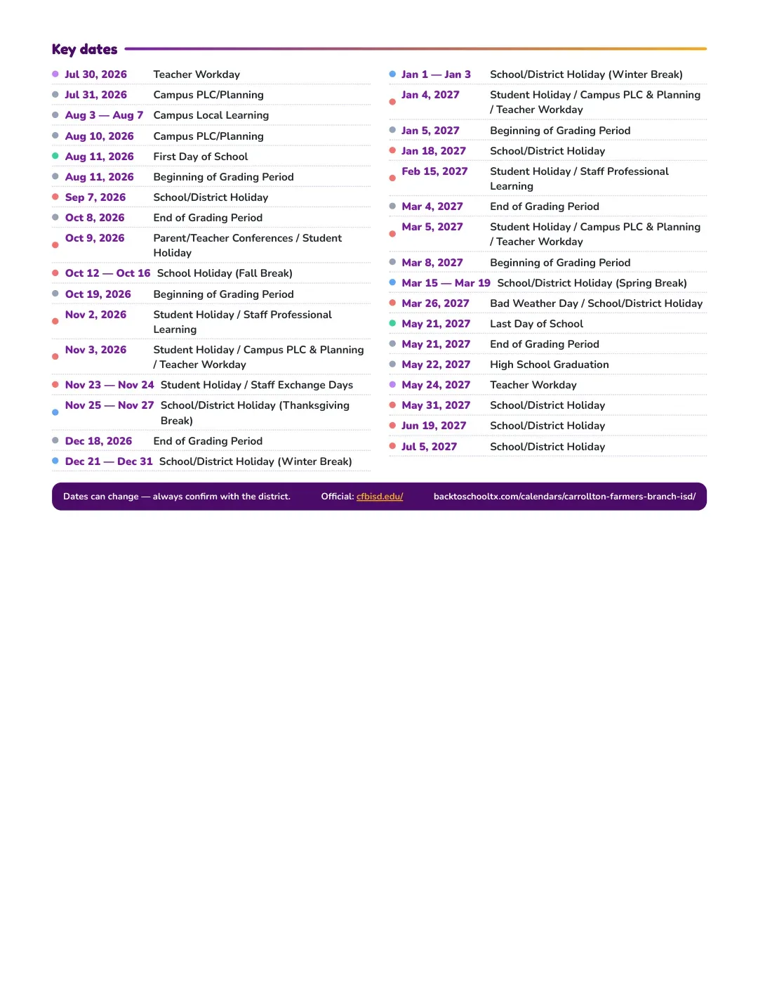 Carrollton-farmers Branch ISD Calendar for the Year 26-27 — key dates