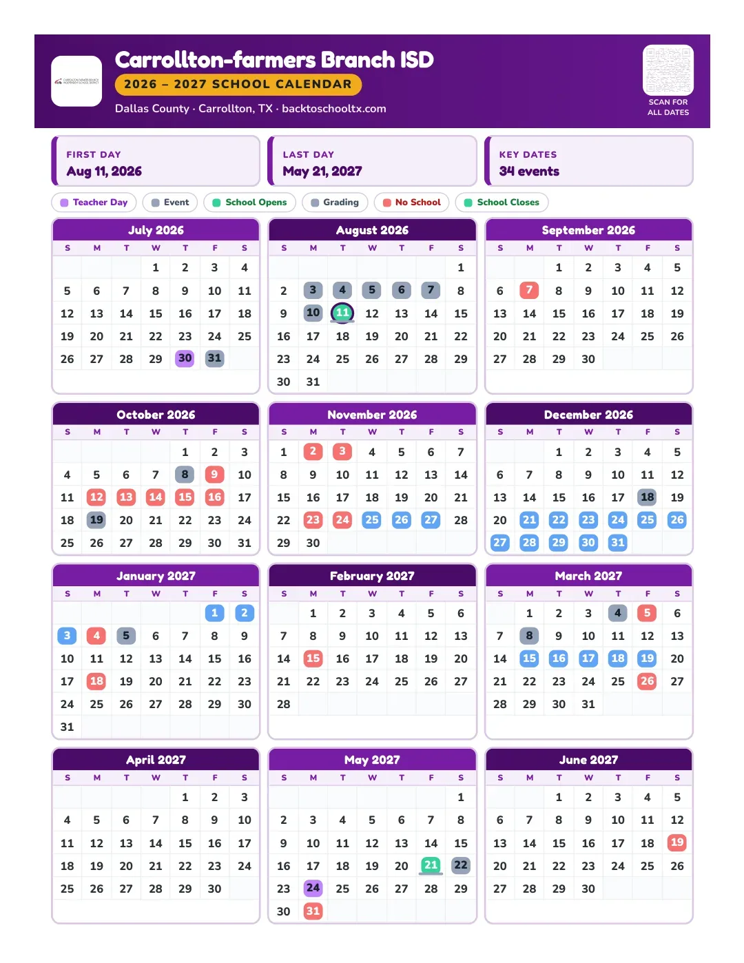 Carrollton-farmers Branch ISD Calendar for the Year 26-27
